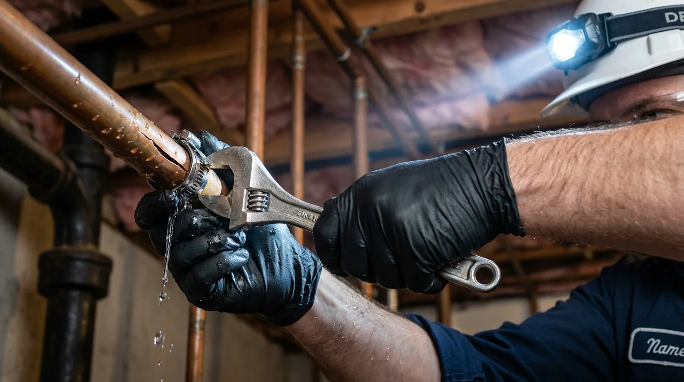 Emergency pipe clamp repair being performed by a Johns Plumbing LLC plumber in Kelso