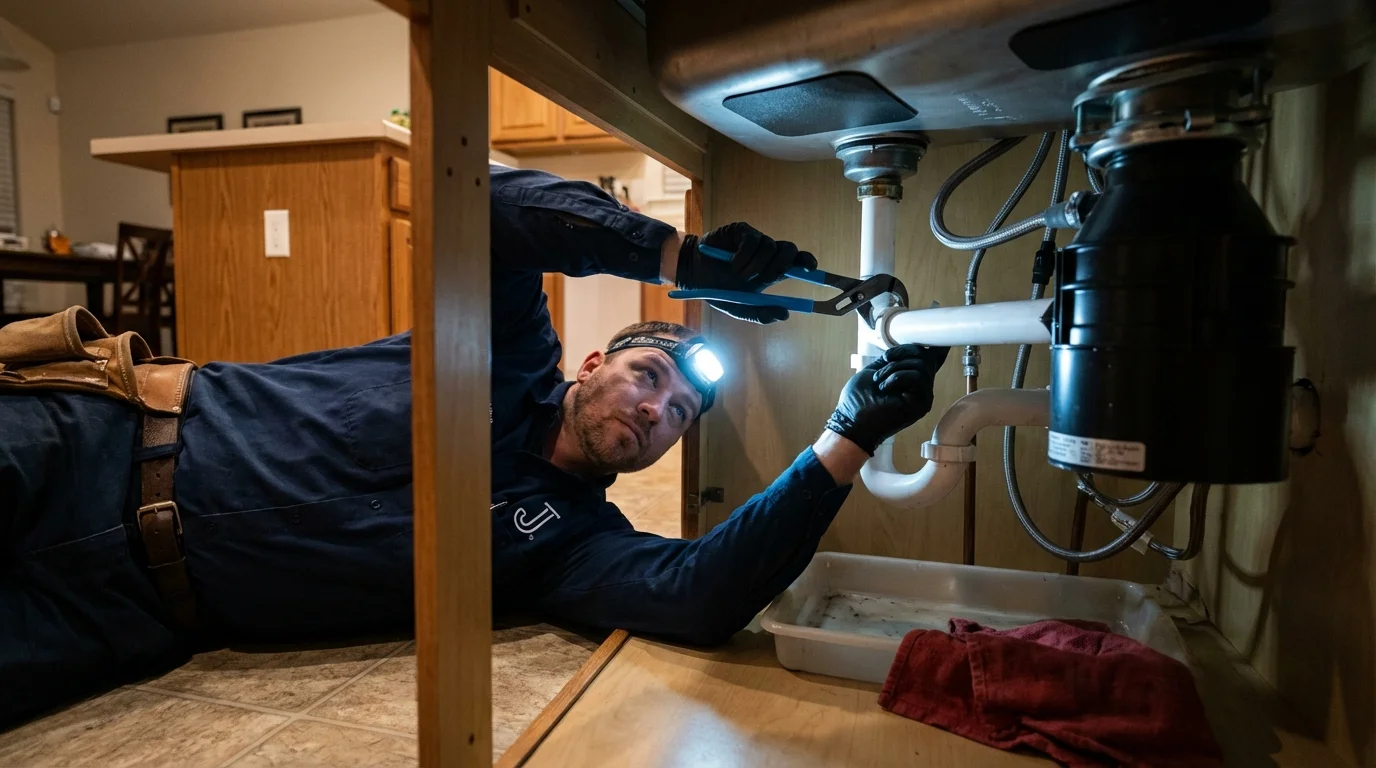 P-trap and supply line connections under a kitchen sink showing a common leak point in Kelso, WA